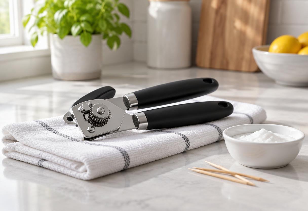 Clean dry can opener on a towel with toothpicks and baking soda paste