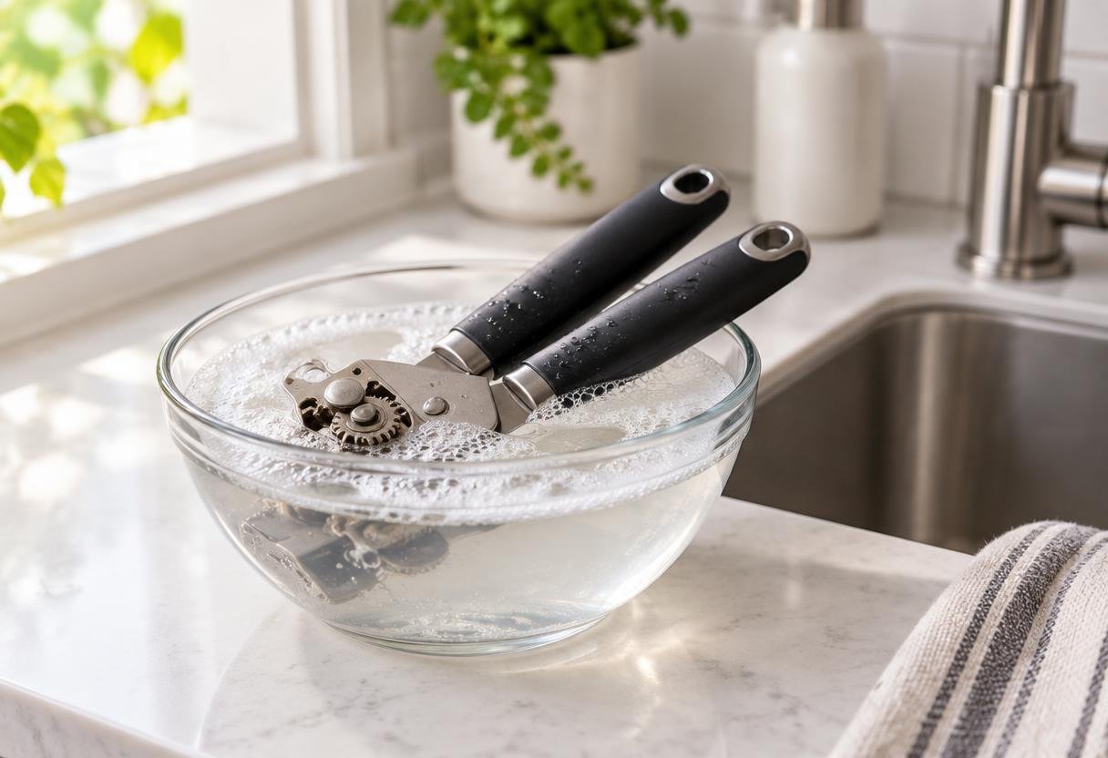 Manual can opener soaking in a bowl of warm soapy water