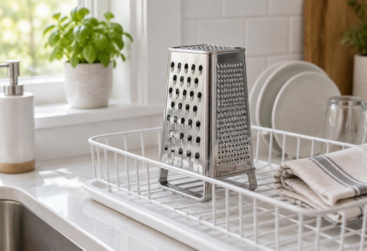 Clean stainless steel box grater drying upside down on a dish rack