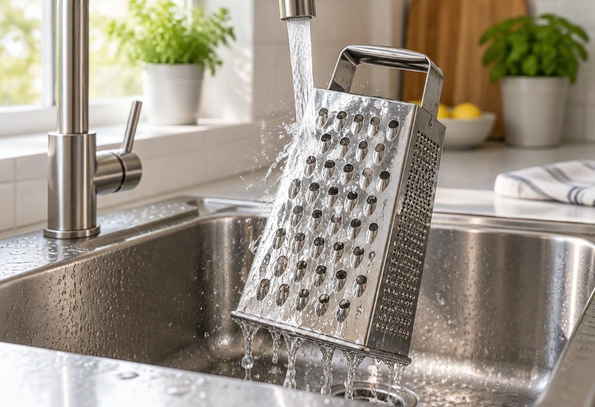 Cheese grater being rinsed under cool running water in a kitchen sink