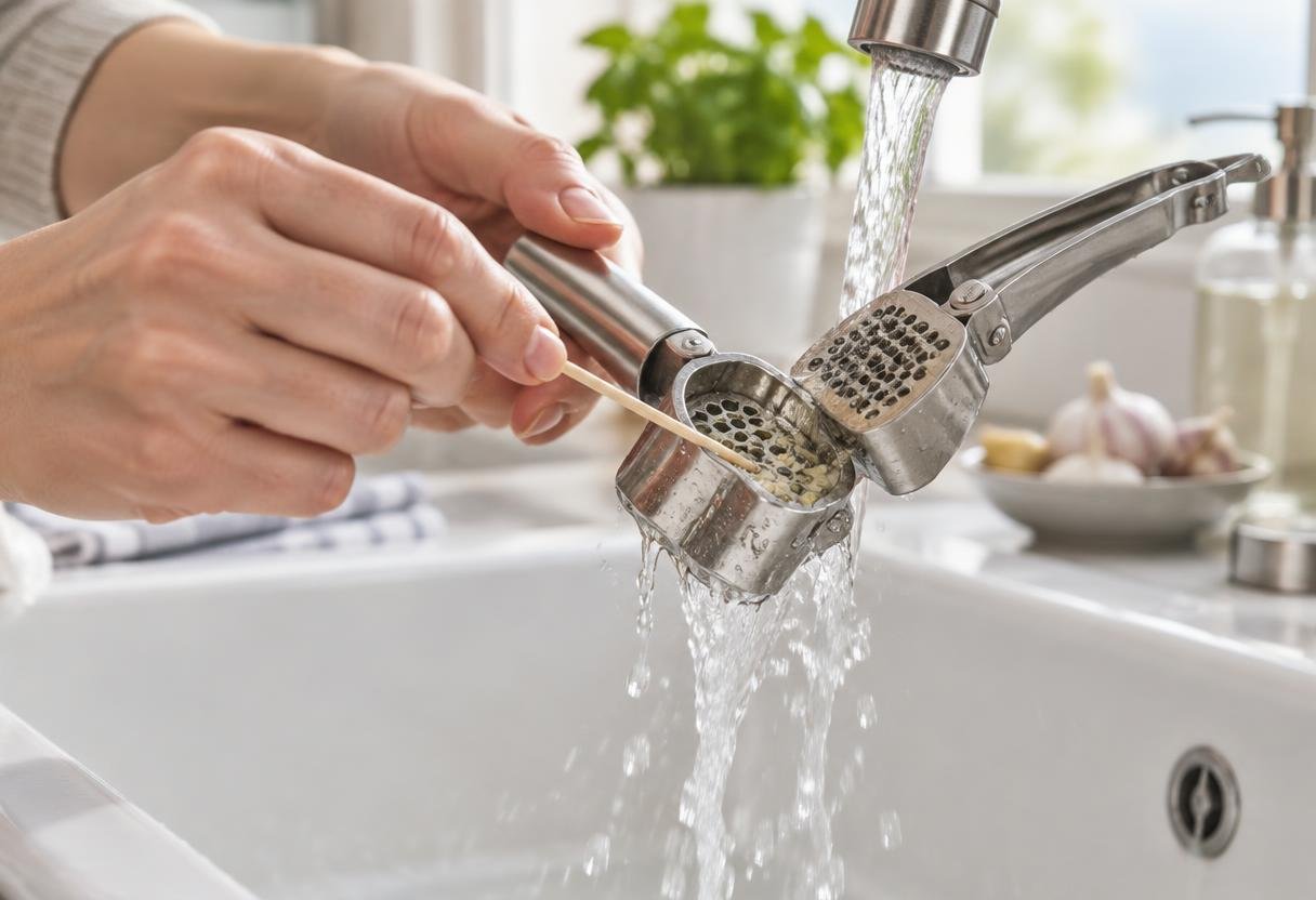 Hands pushing a toothpick through the holes of a garlic press over the sink