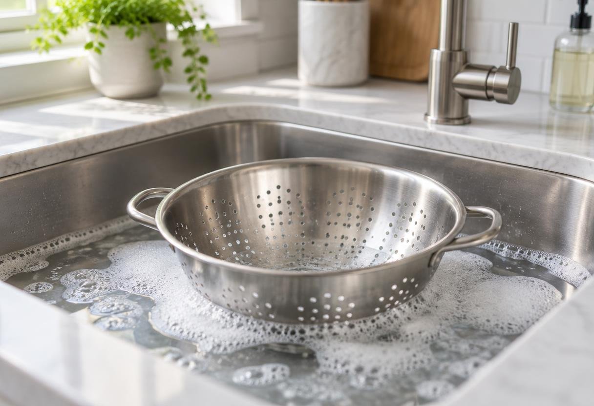 Stainless steel colander soaking in warm soapy water in a sink