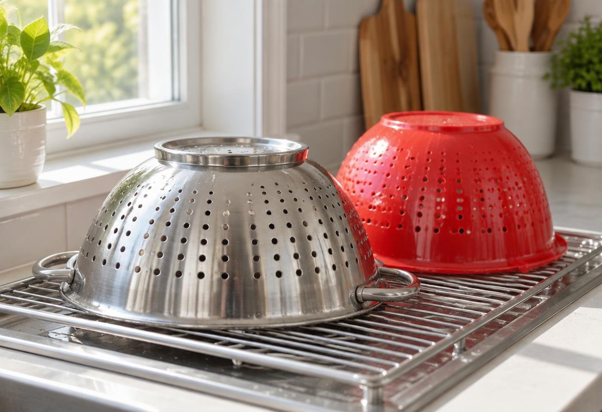 Clean stainless steel and red plastic colanders drying on a dish rack