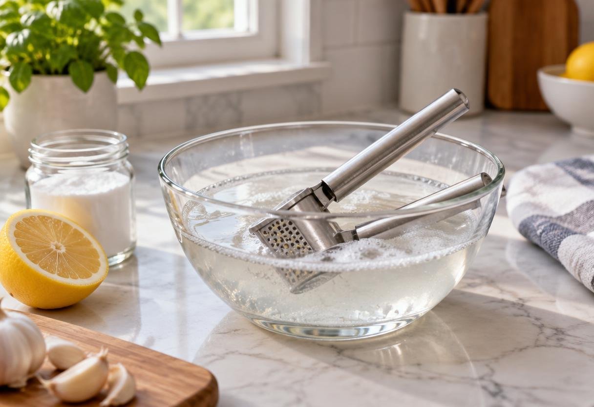 Garlic press soaking in a bowl of warm soapy water with baking soda and lemon