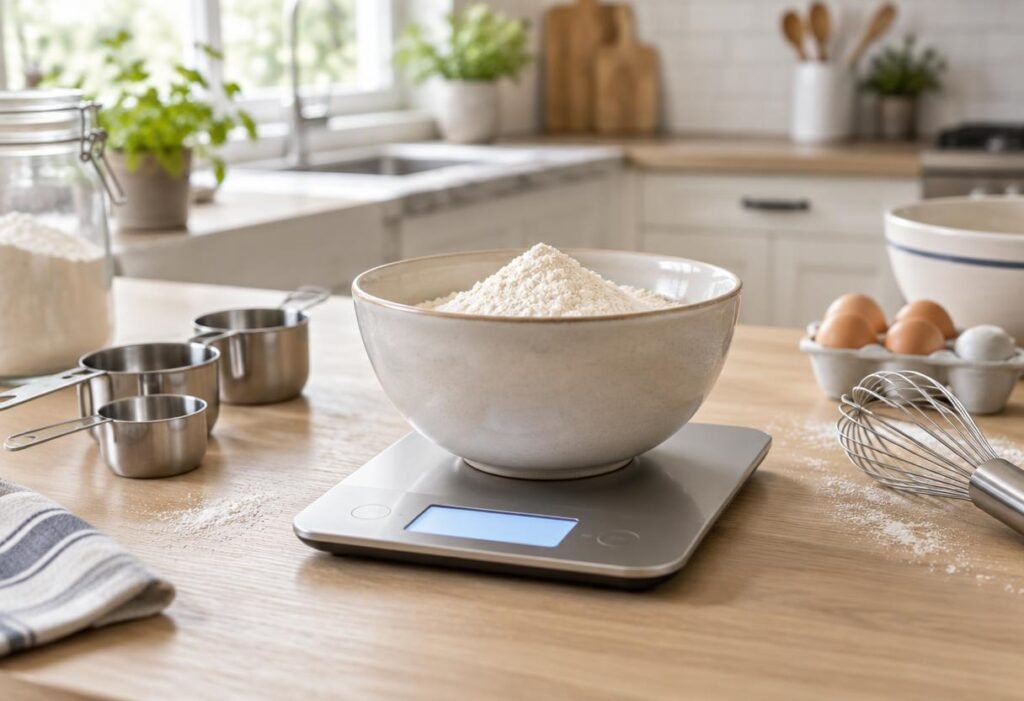 Digital kitchen scale with a bowl of flour on a wooden counter