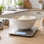 Digital kitchen scale with a bowl of flour on a wooden counter