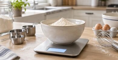 Digital kitchen scale with a bowl of flour on a wooden counter