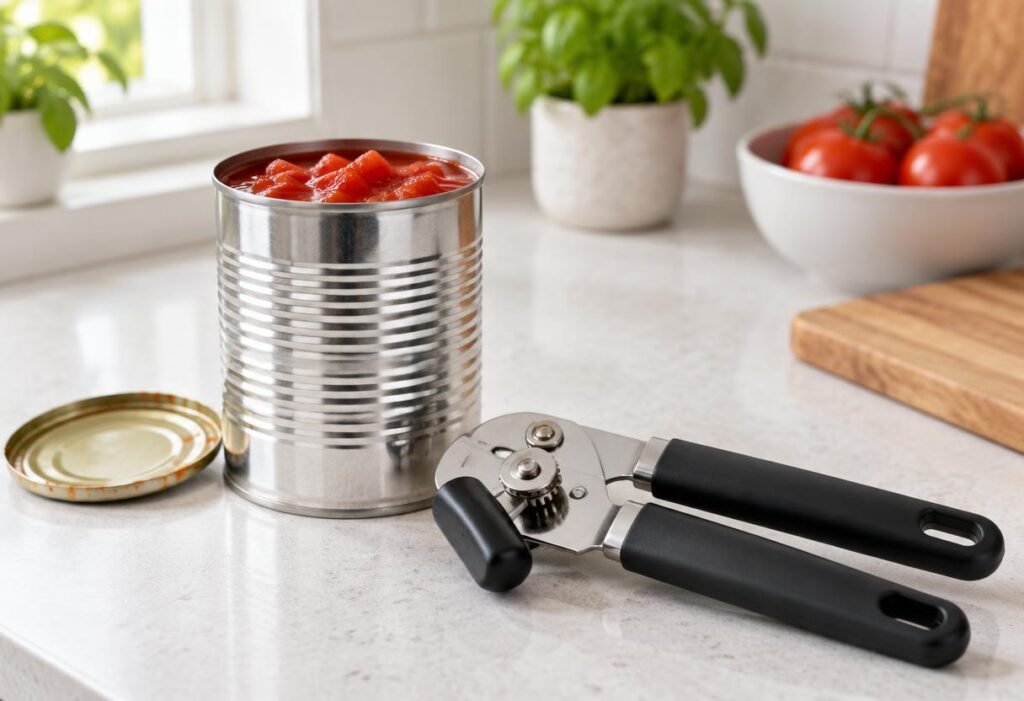 How to clean a can opener: manual can opener beside an opened can on a kitchen counter