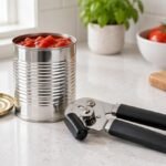 How to clean a can opener: manual can opener beside an opened can on a kitchen counter
