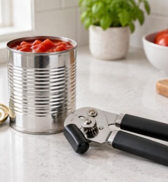 How to clean a can opener: manual can opener beside an opened can on a kitchen counter