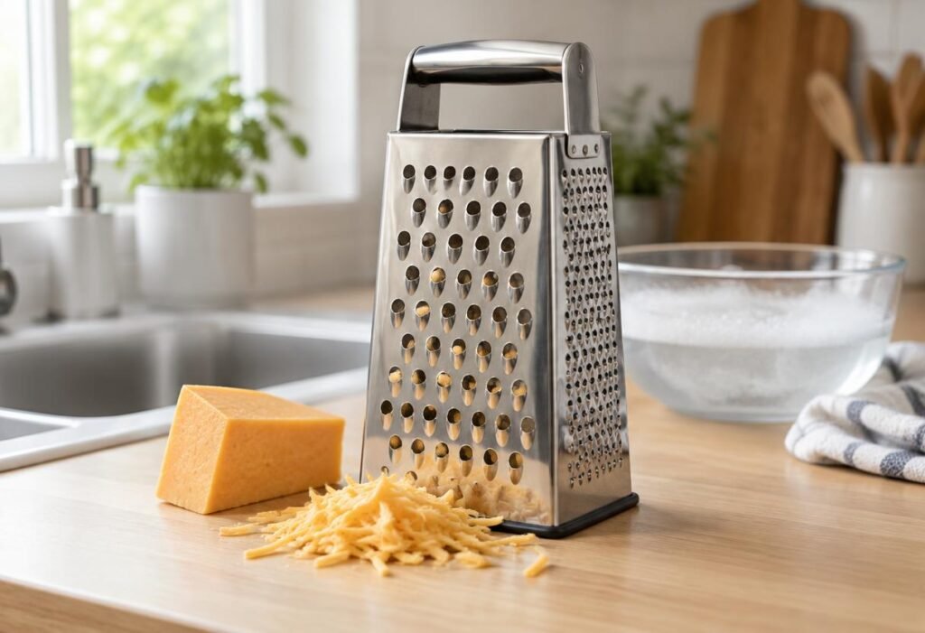 How to clean a cheese grater: stainless steel box grater with cheddar on a kitchen counter