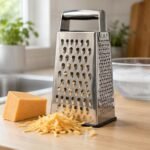 How to clean a cheese grater: stainless steel box grater with cheddar on a kitchen counter