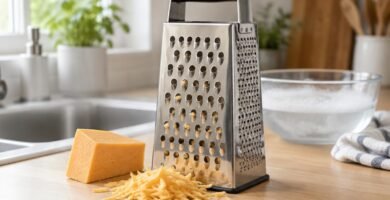 How to clean a cheese grater: stainless steel box grater with cheddar on a kitchen counter