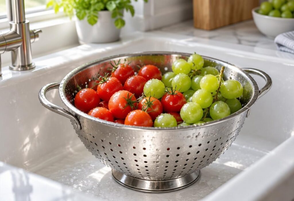 How to clean a colander: stainless steel colander of rinsed tomatoes and grapes in a sink