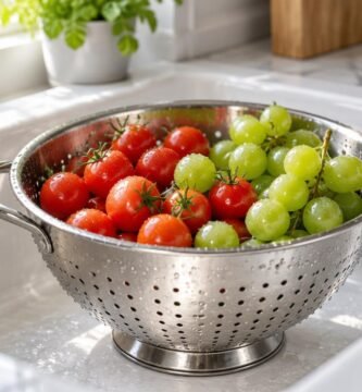 How to clean a colander: stainless steel colander of rinsed tomatoes and grapes in a sink