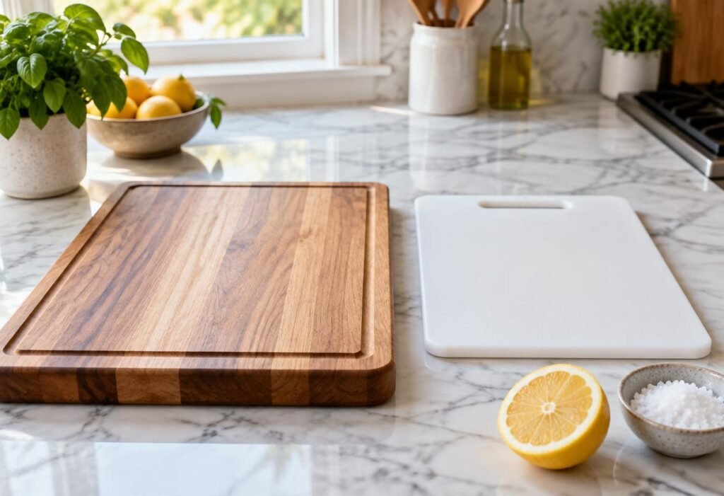 Wooden and plastic cutting boards side by side with a halved lemon and coarse salt