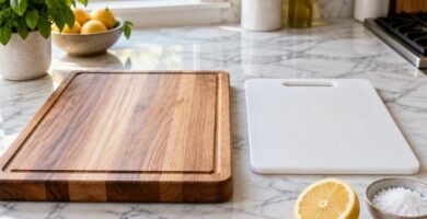 Wooden and plastic cutting boards side by side with a halved lemon and coarse salt