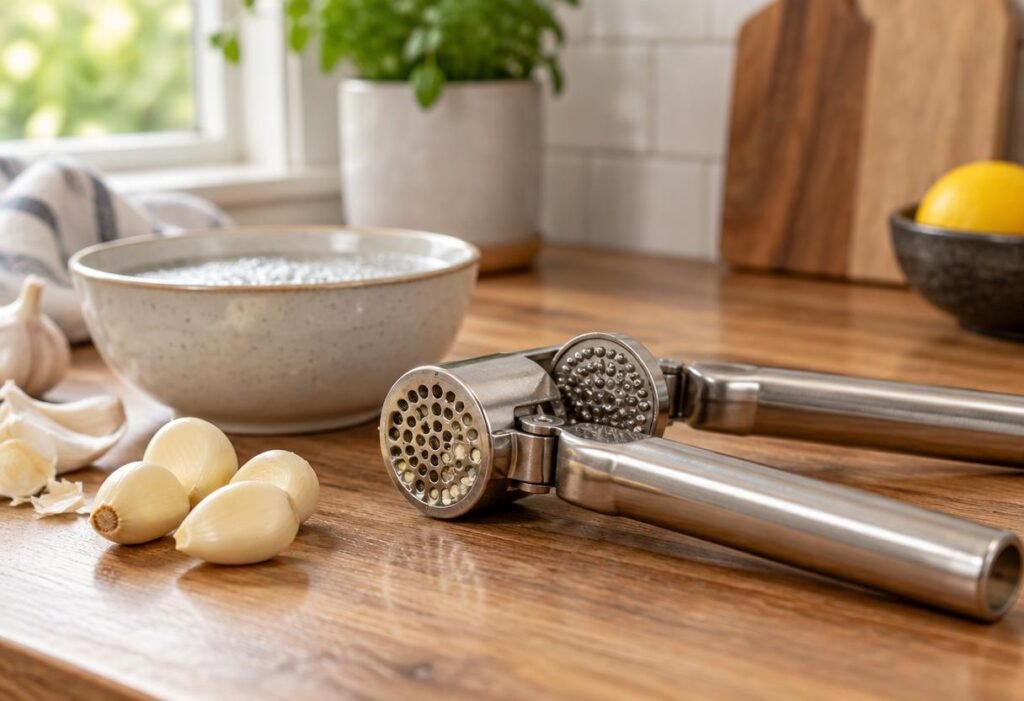 Open stainless steel garlic press on a wooden counter with garlic cloves and a bowl of soapy water