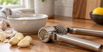 Open stainless steel garlic press on a wooden counter with garlic cloves and a bowl of soapy water