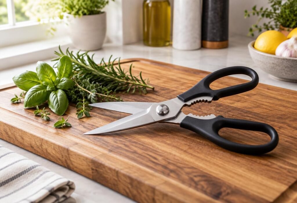 How to sharpen kitchen shears: stainless steel shears with fresh herbs on a cutting board