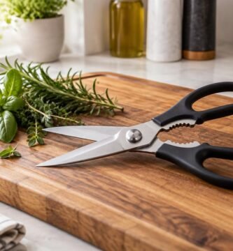 How to sharpen kitchen shears: stainless steel shears with fresh herbs on a cutting board