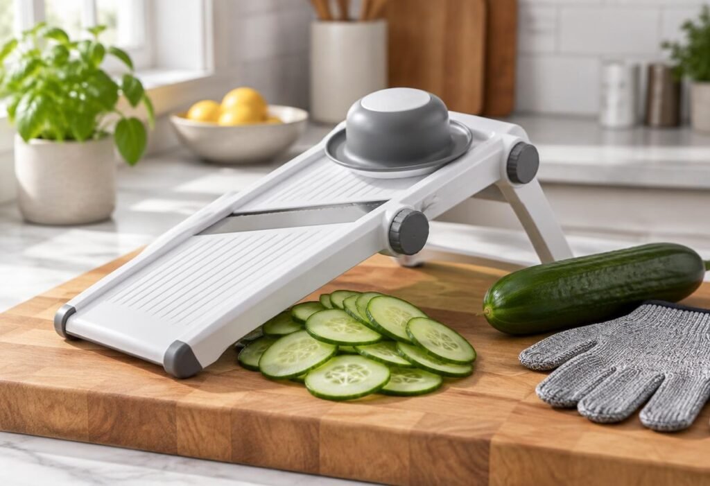 How to use a mandoline slicer: thin cucumber slices with a cut-resistant glove on a cutting board
