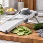 How to use a mandoline slicer: thin cucumber slices with a cut-resistant glove on a cutting board