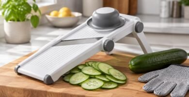 How to use a mandoline slicer: thin cucumber slices with a cut-resistant glove on a cutting board