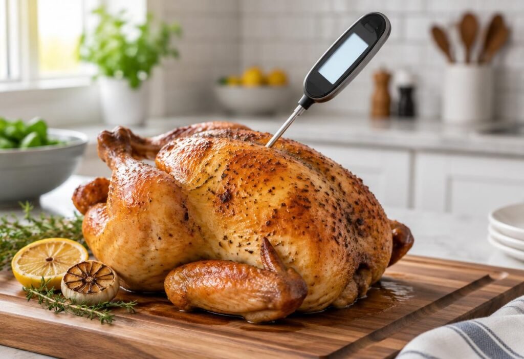 Digital meat thermometer inserted into the thickest part of a roast chicken