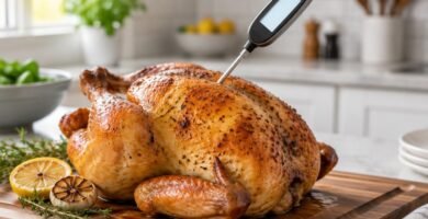 Digital meat thermometer inserted into the thickest part of a roast chicken