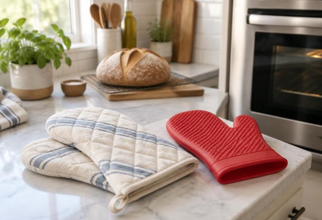 Quilted cotton oven mitts and a silicone oven mitt on a kitchen counter