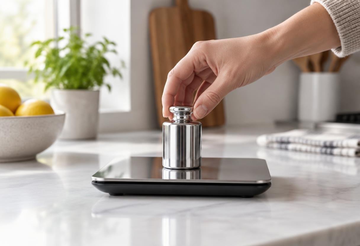 Placing a calibration weight on a digital kitchen scale