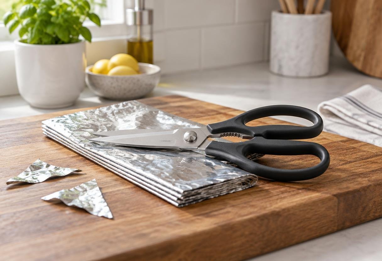 Kitchen shears resting on a folded strip of aluminum foil