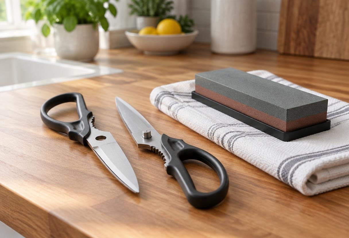 Kitchen shears separated into two halves beside a whetstone
