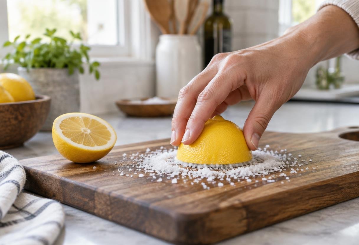 Halved lemon scrubbing coarse salt over a wooden cutting board to remove stains