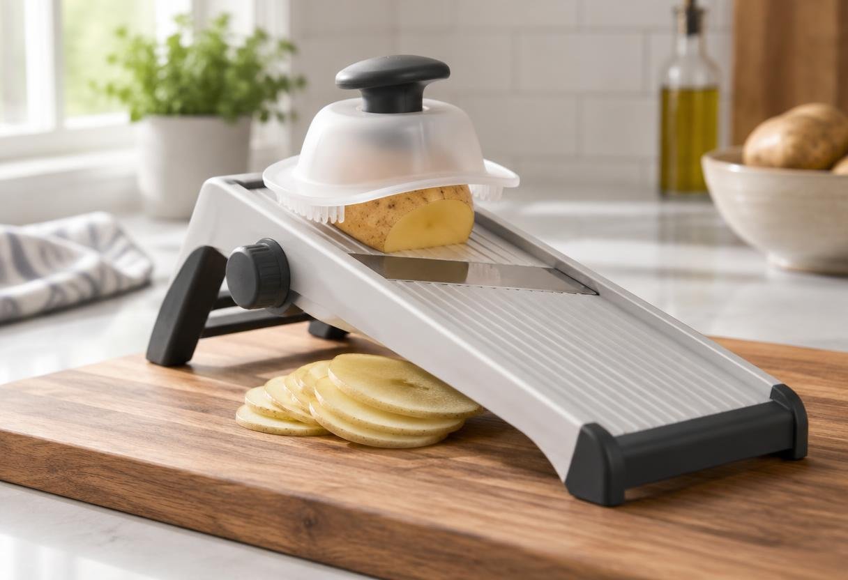Mandoline slicer with the hand guard holding half a potato on a cutting board