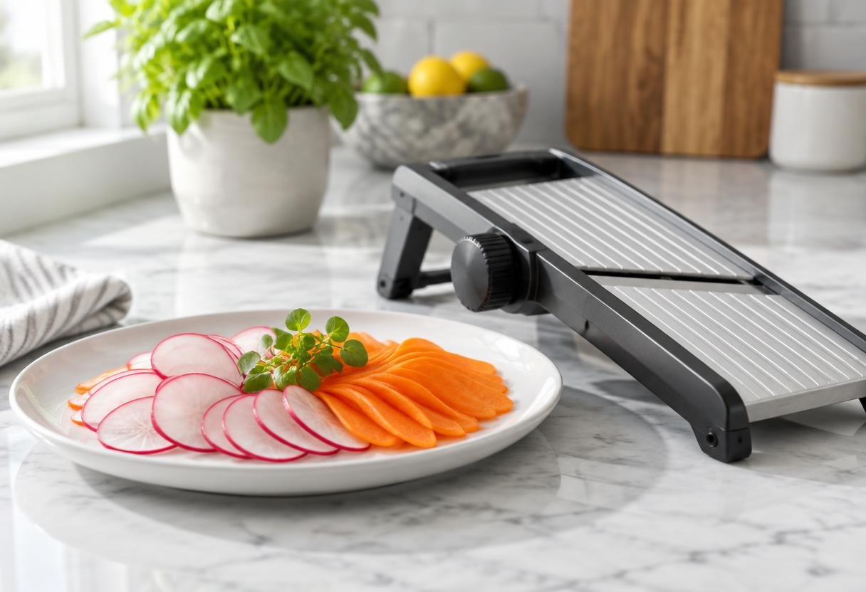 Paper-thin radish and carrot slices on a plate next to a mandoline slicer
