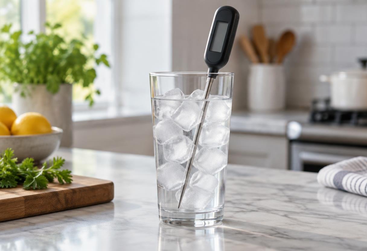 Meat thermometer probe in a glass of ice water to test accuracy