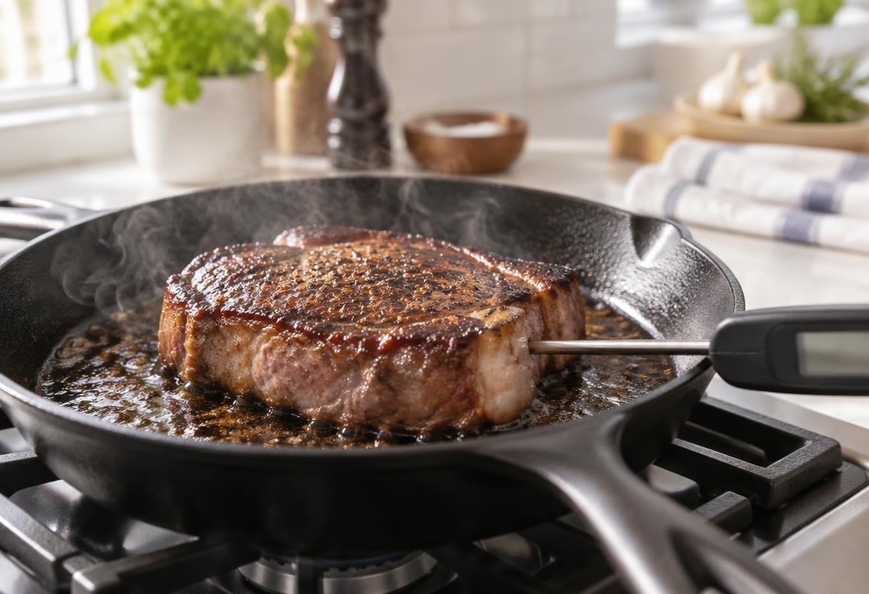 Meat thermometer inserted sideways into a thick steak in a cast iron skillet