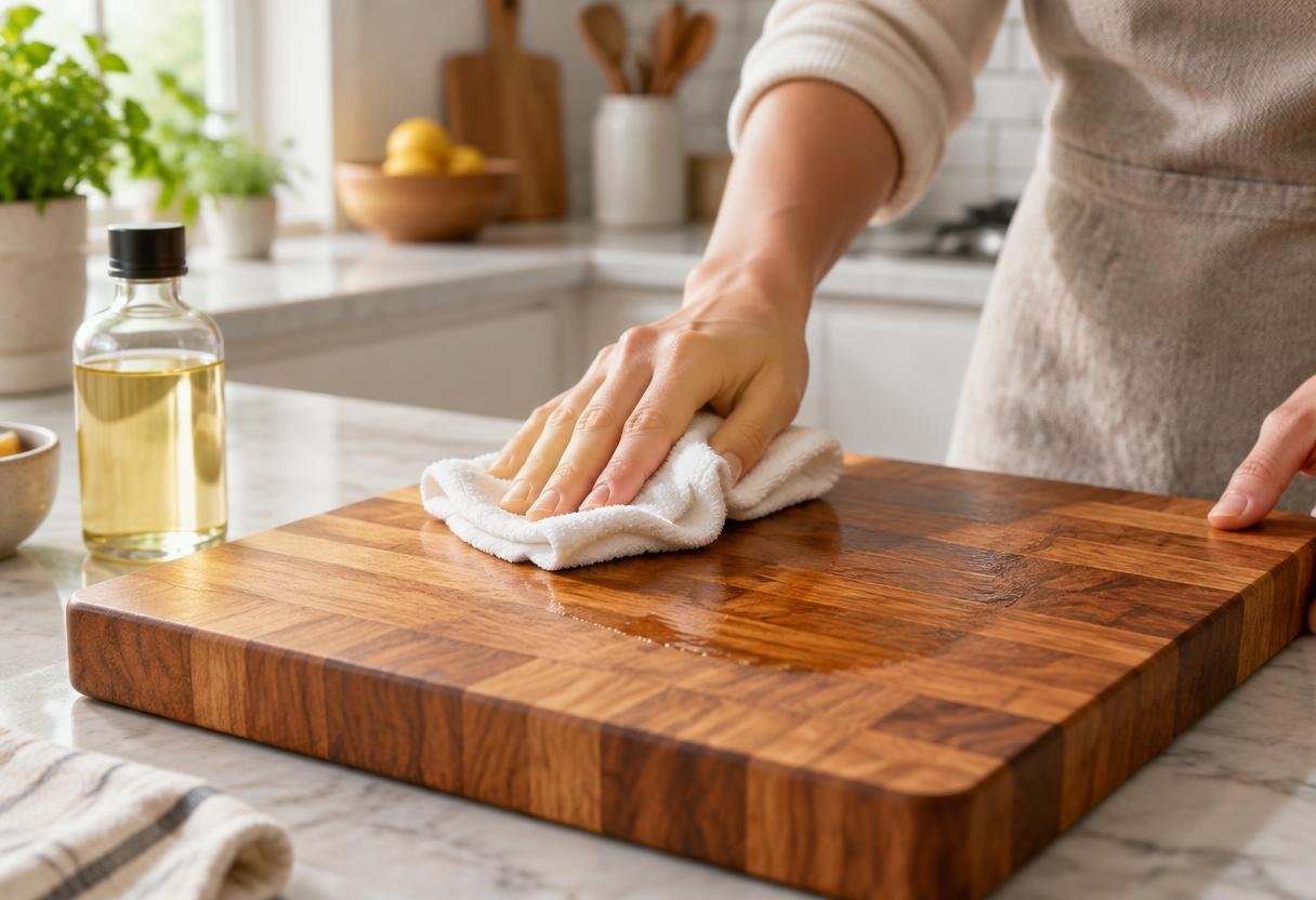 Applying food-grade mineral oil to a wooden cutting board with a cloth