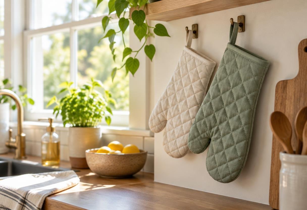 Clean quilted oven mitts hanging to dry beside a kitchen window