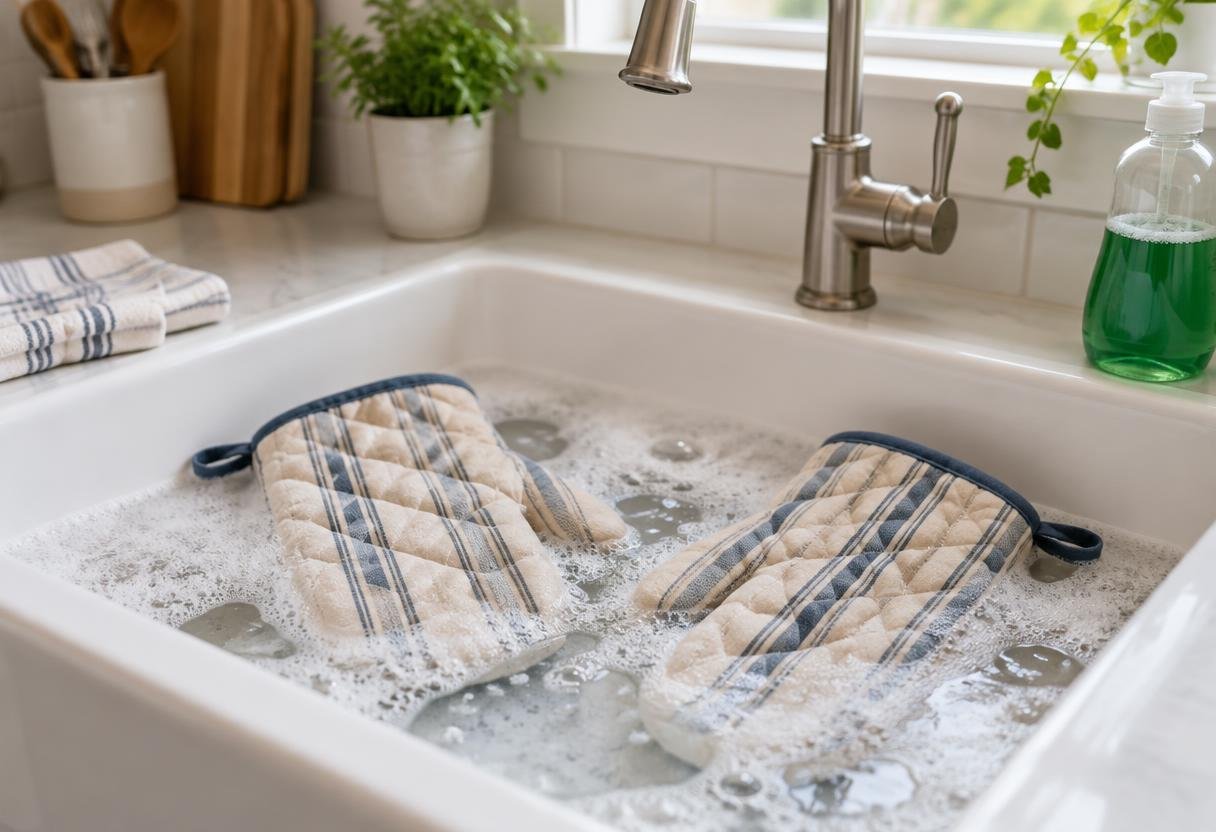 Fabric oven mitts soaking in a sink of warm soapy water