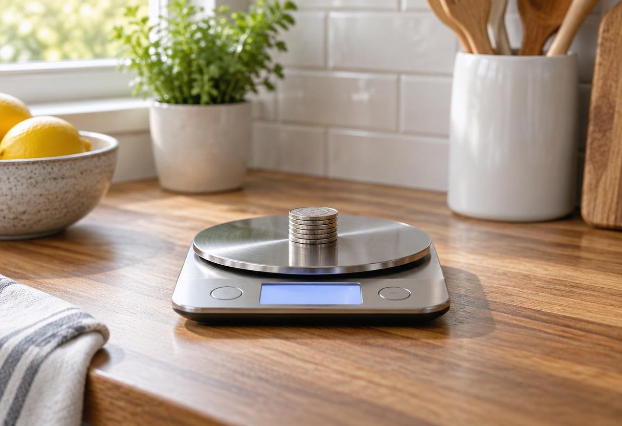 Stack of coins on a digital kitchen scale to test its accuracy